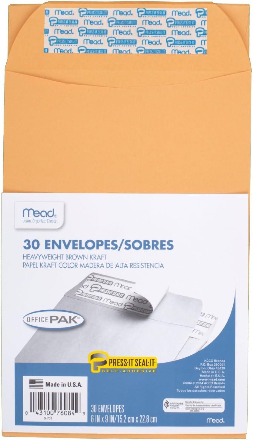 imageMead Envelopes Letter Size 6quot x 9quot PressIt SealIt Self Adhesive Closure Brown Kraft AllPurpose 24lb Paper Mailing Envelopes 30 Count 76084original Pack of 12
