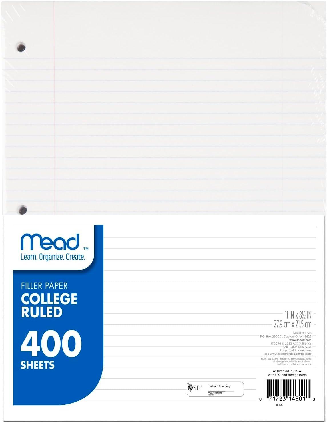 imageMead Loose Leaf Paper College Ruled Filler Notebook Paper 812quot x 11quot 200 Sheets Fits 3Ring Binder 17208Pack of 1