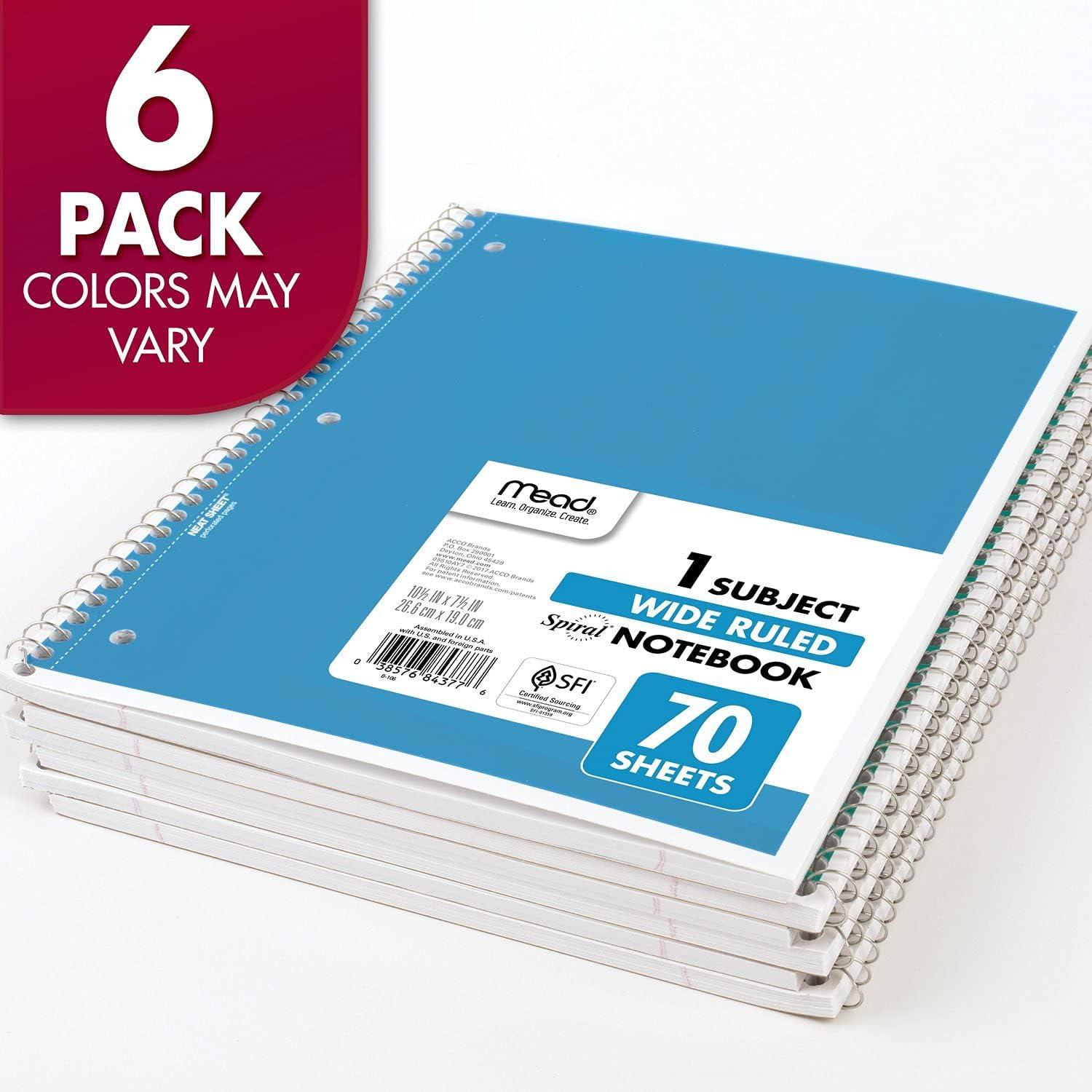 imageMead Spiral Notebook 24 Pack 1 Subject Wide Ruled Paper 712quot x 1012quot 70 Sheets per Notebook Colors Will Vary 930203ECM25Pack of 24