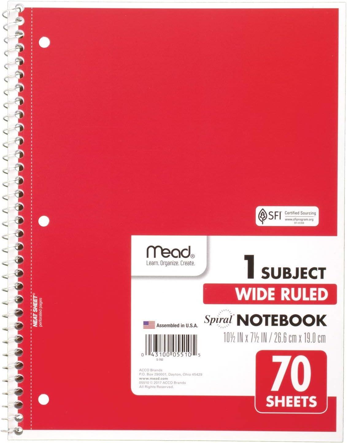 imageMead Spiral Notebook 24 Pack 1 Subject Wide Ruled Paper 712quot x 1012quot 70 Sheets per Notebook Colors Will Vary 930203ECM25Pack of 24