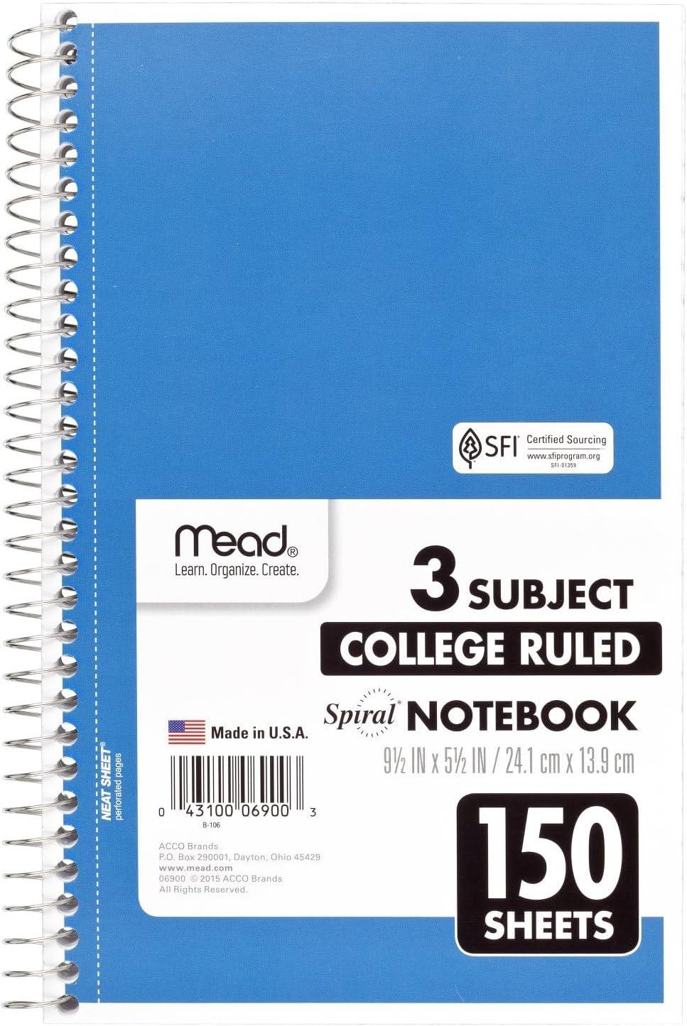imageMead Spiral Notebook 3 Subject College Ruled Paper 8quot x 11quot 120 Sheets Color Will Vary 82039425Small
