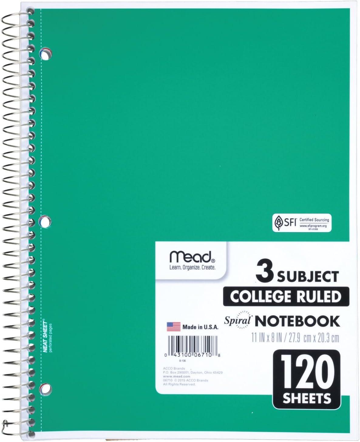 imageMead Spiral Notebook 3 Subject College Ruled Paper 8quot x 11quot 120 Sheets Color Will Vary 82039425Standard