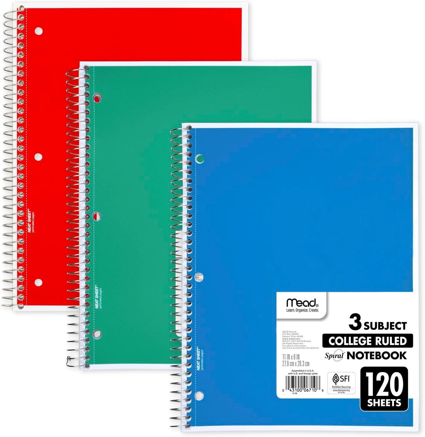 imageMead Spiral Notebook 3 Subject College Ruled Paper 8quot x 11quot 120 Sheets Color Will Vary 82039425Standard