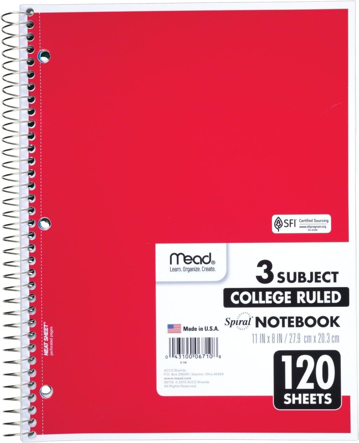 imageMead Spiral Notebook 3 Subject College Ruled Paper 8quot x 11quot 120 Sheets Color Will Vary 82039425Standard