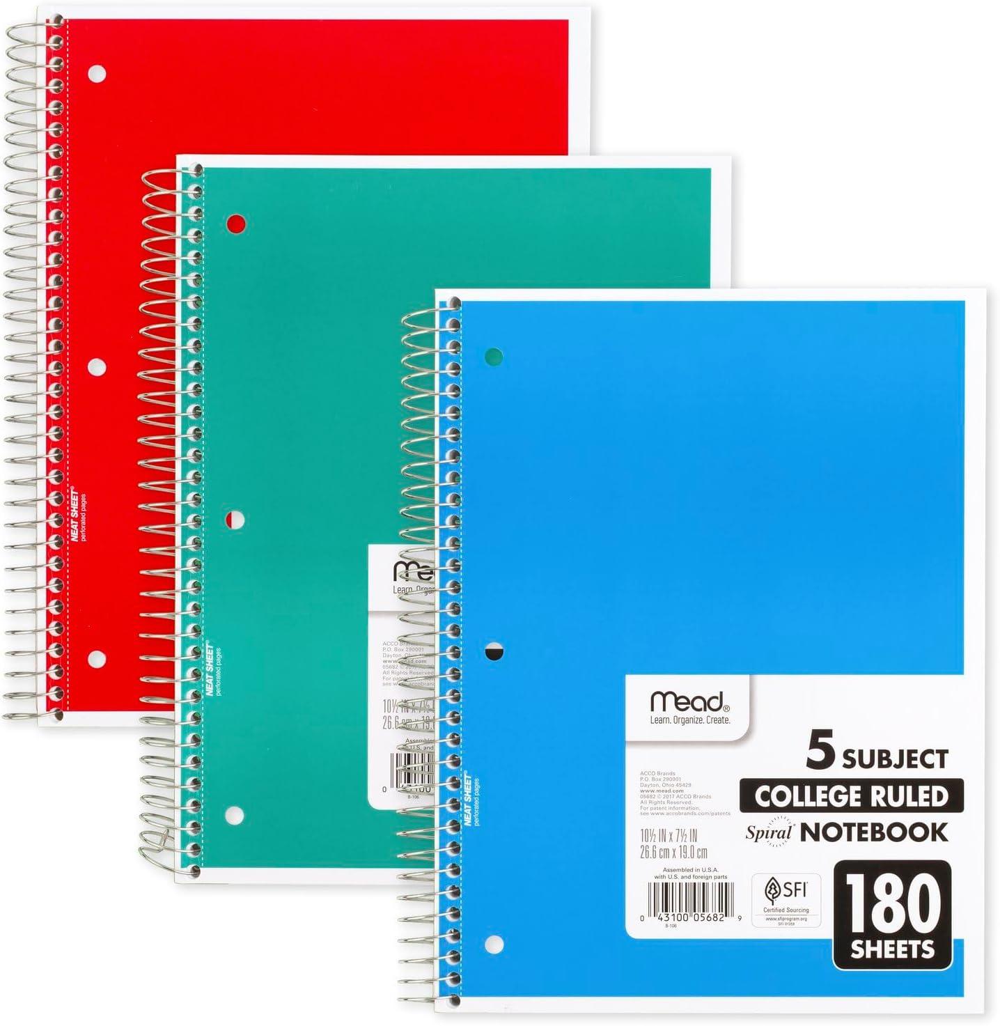 imageMead Spiral Notebook 3 Subject Wide Ruled Paper 712quot x 1012quot 120 Sheets Color Will Vary 93020625Pack of 1