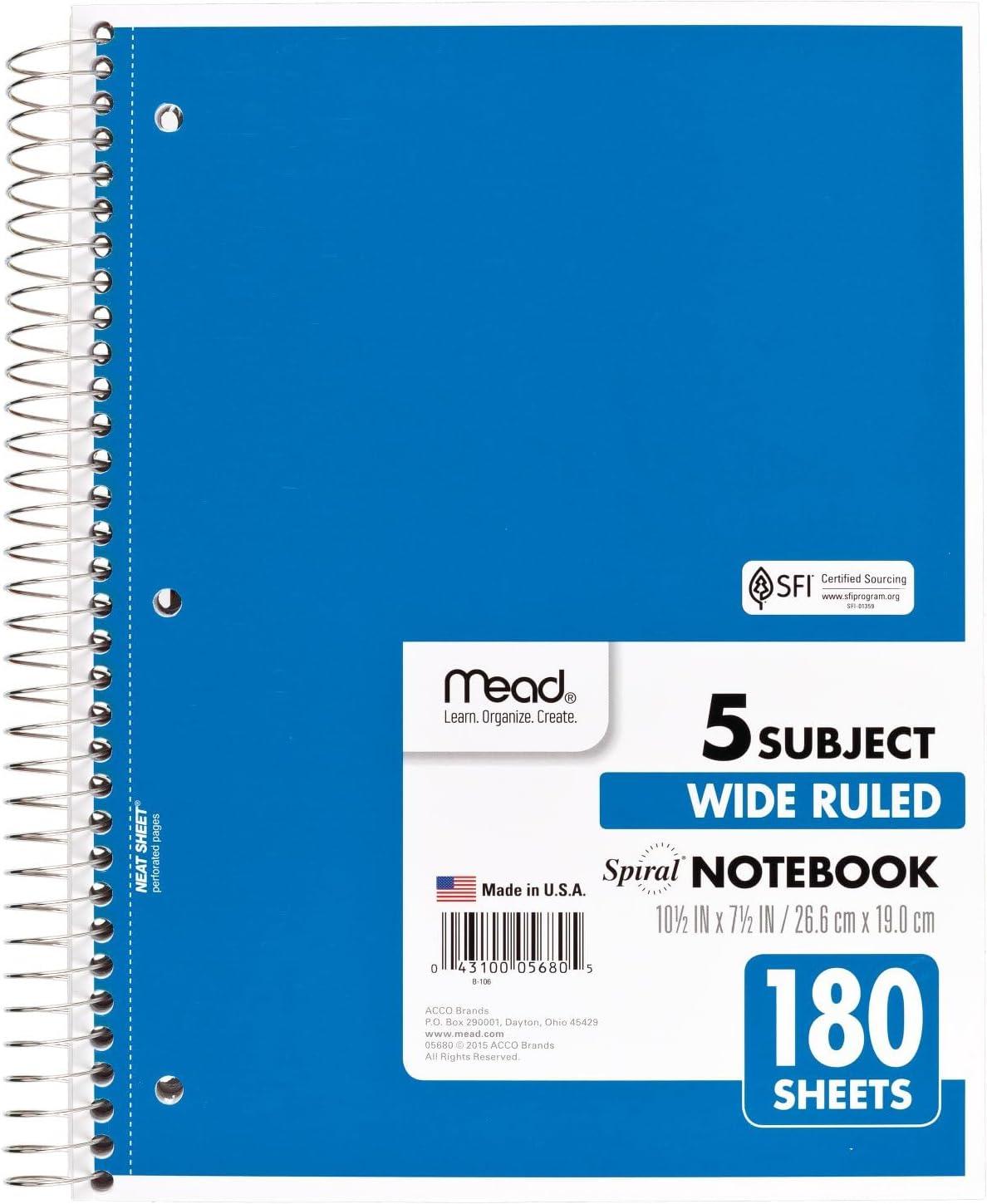imageMead Spiral Notebook 3 Subject Wide Ruled Paper 712quot x 1012quot 120 Sheets Color Will Vary 93020625Pack of 1