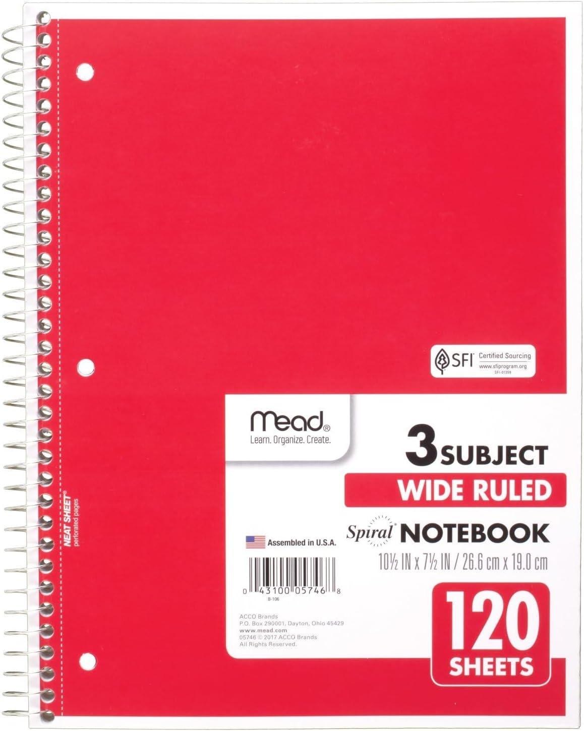 imageMead Spiral Notebook 3 Subject Wide Ruled Paper 712quot x 1012quot 120 Sheets Color Will Vary 93020625Pack of 1