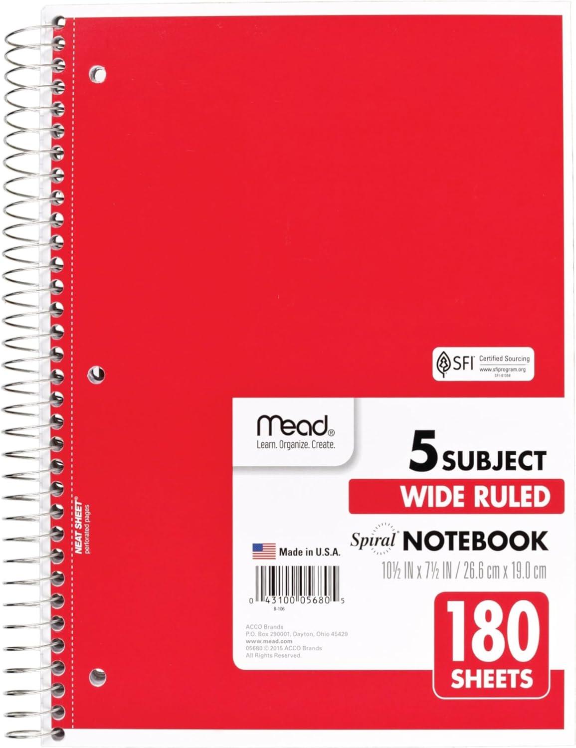 imageMead Spiral Notebook 3 Subject Wide Ruled Paper 712quot x 1012quot 120 Sheets Color Will Vary 93020625Pack of 1