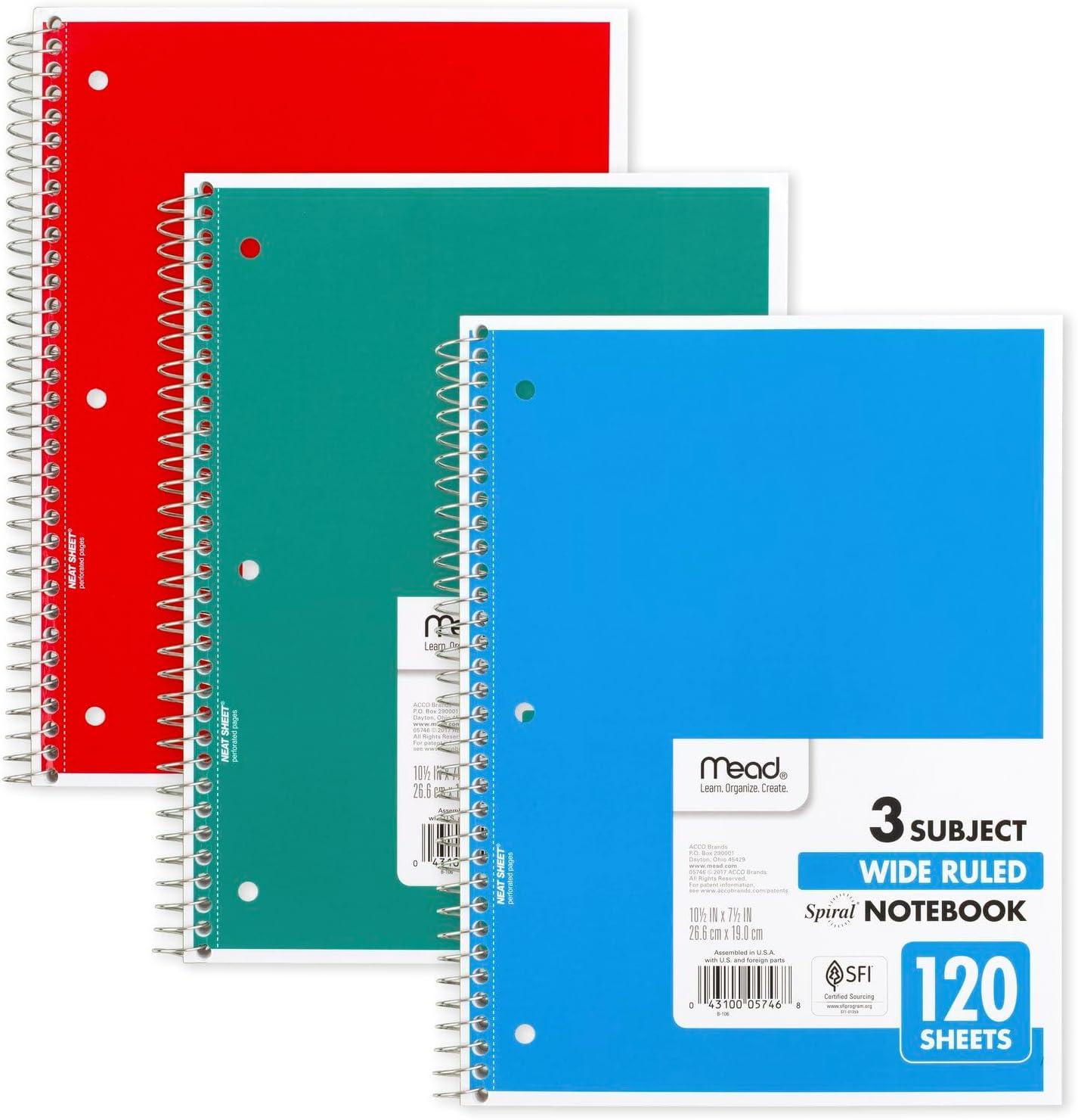 imageMead Spiral Notebook 3 Subject Wide Ruled Paper 712quot x 1012quot 120 Sheets Color Will Vary 93020625Pack of 1