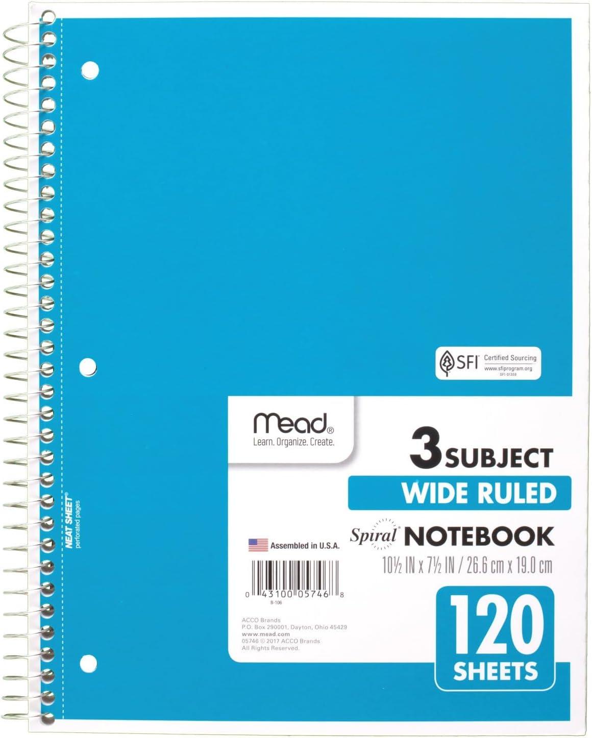 imageMead Spiral Notebook 3 Subject Wide Ruled Paper 712quot x 1012quot 120 Sheets Color Will Vary 93020625Pack of 1