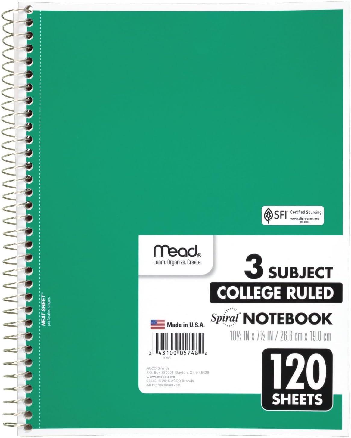 imageMead Spiral Notebook 3 Subject Wide Ruled Paper 712quot x 1012quot 120 Sheets Color Will Vary 93020625Pack of 1