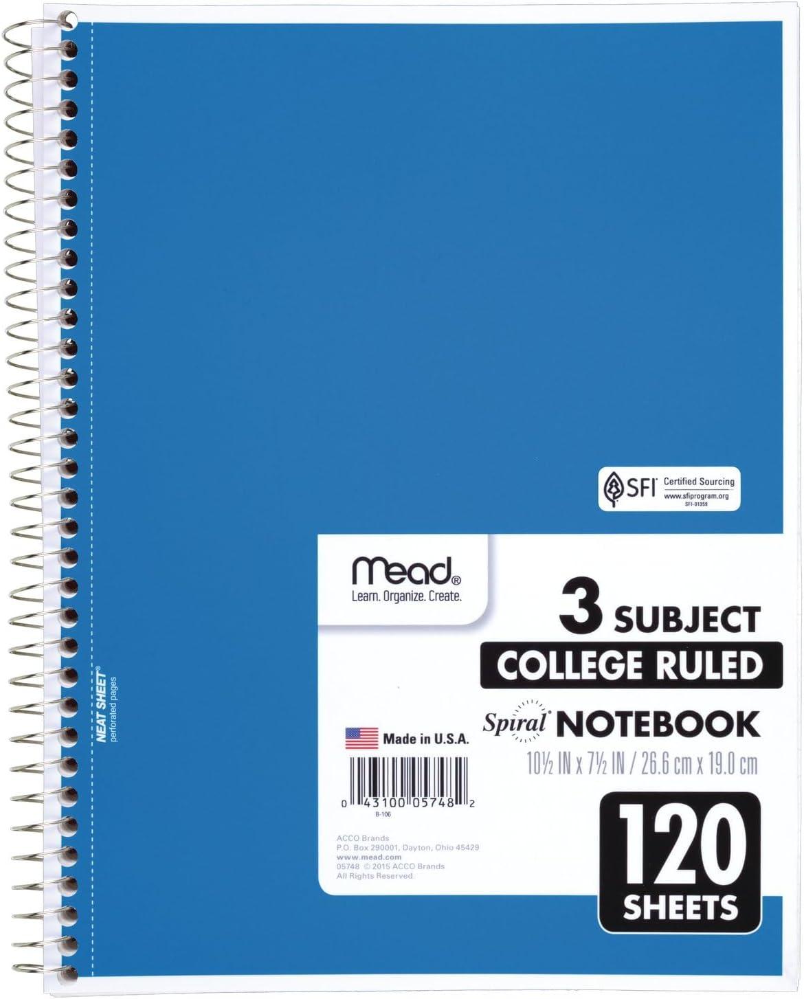 imageMead Spiral Notebook 3 Subject Wide Ruled Paper 712quot x 1012quot 120 Sheets Color Will Vary 93020625Pack of 1