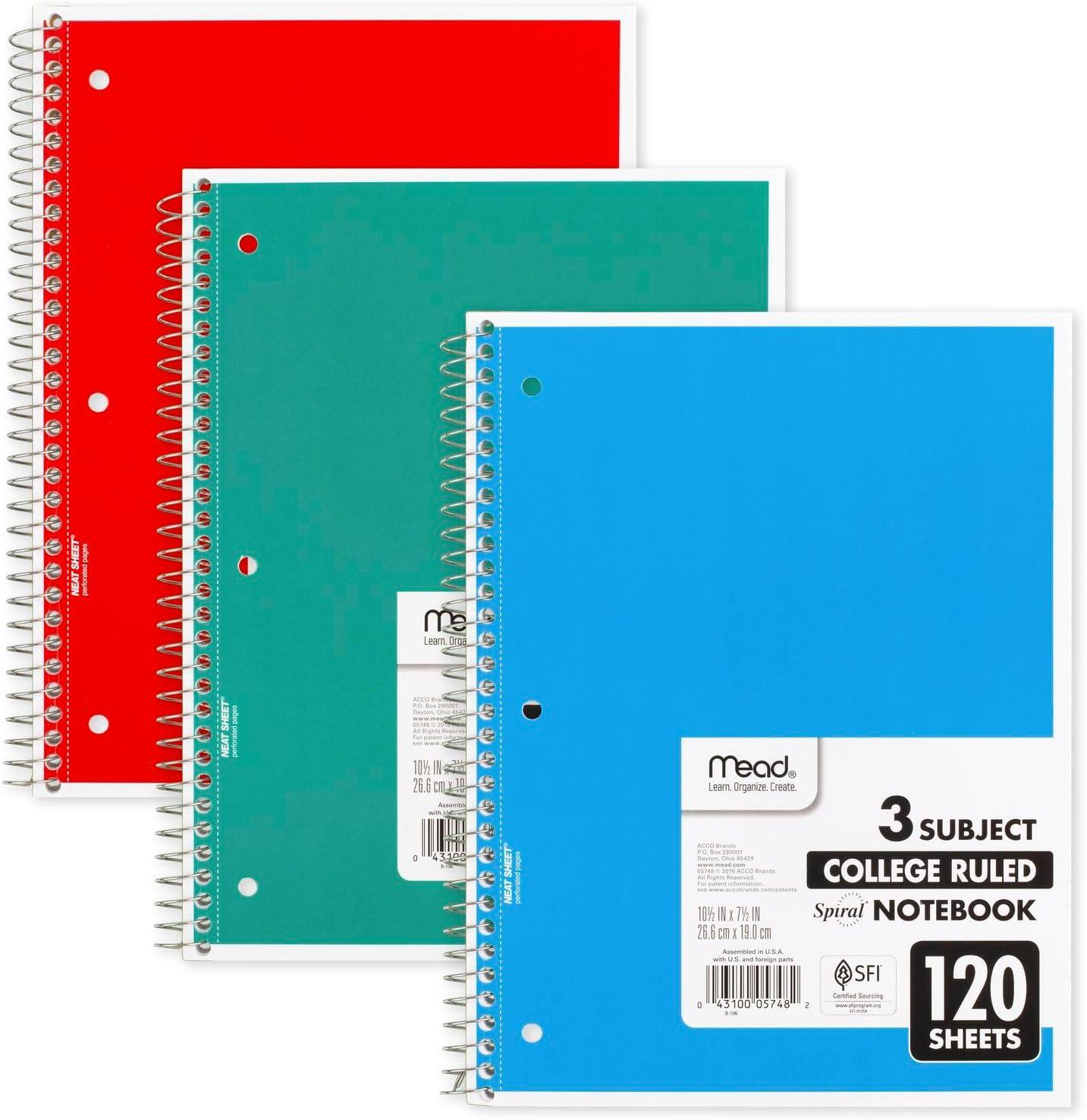 imageMead Spiral Notebook 3 Subject Wide Ruled Paper 712quot x 1012quot 120 Sheets Color Will Vary 93020625Pack of 1