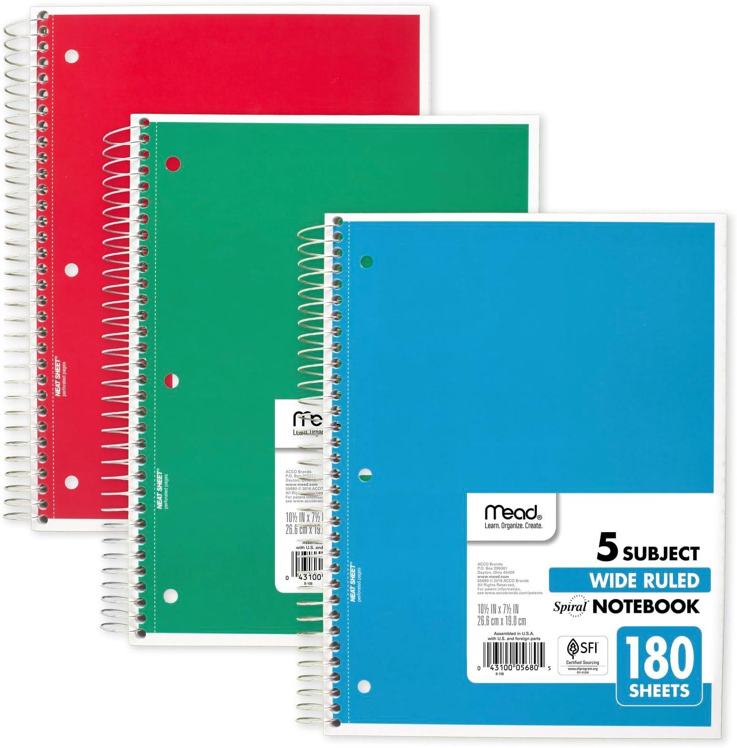 imageMead Spiral Notebook 3 Subject Wide Ruled Paper 712quot x 1012quot 120 Sheets Color Will Vary 93020625Pack of 1
