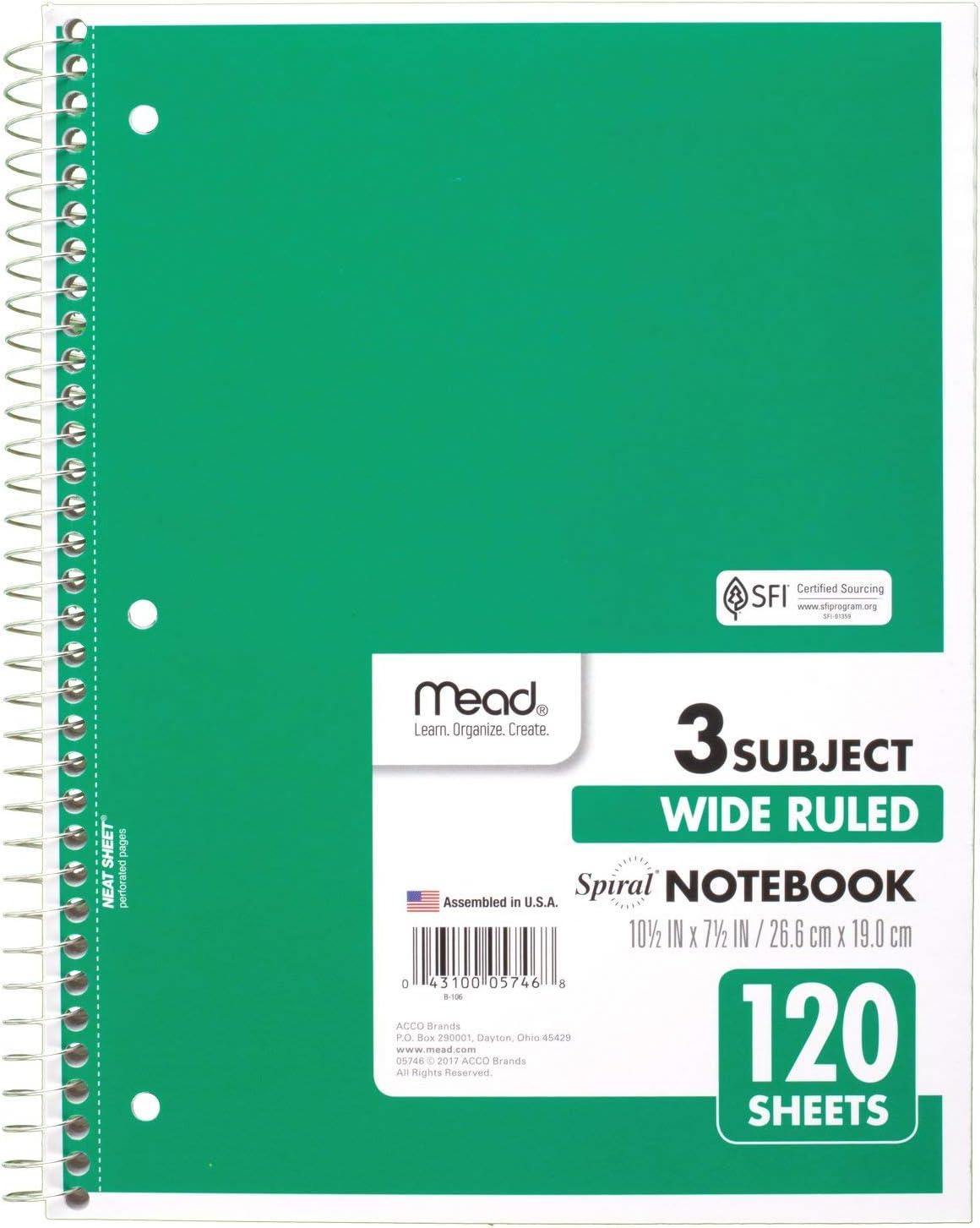 imageMead Spiral Notebook 3 Subject Wide Ruled Paper 712quot x 1012quot 120 Sheets Color Will Vary 93020625Pack of 2