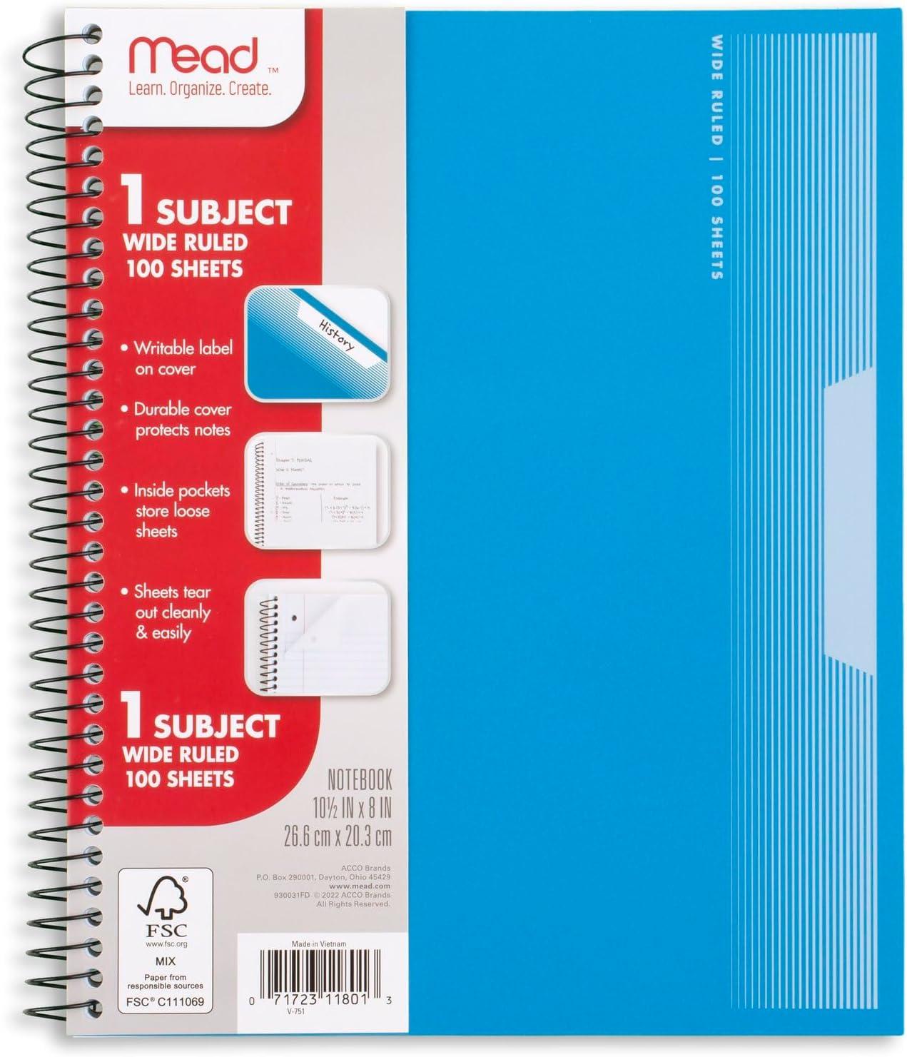 imageMead Spiral Notebook 5 Pack 5 Subject Wide Ruled Paper Plastic Cover 8quot x 1012quot 160 Sheets per Notebook Black Red Blue Green and Yellow 930101AECM1 Subject