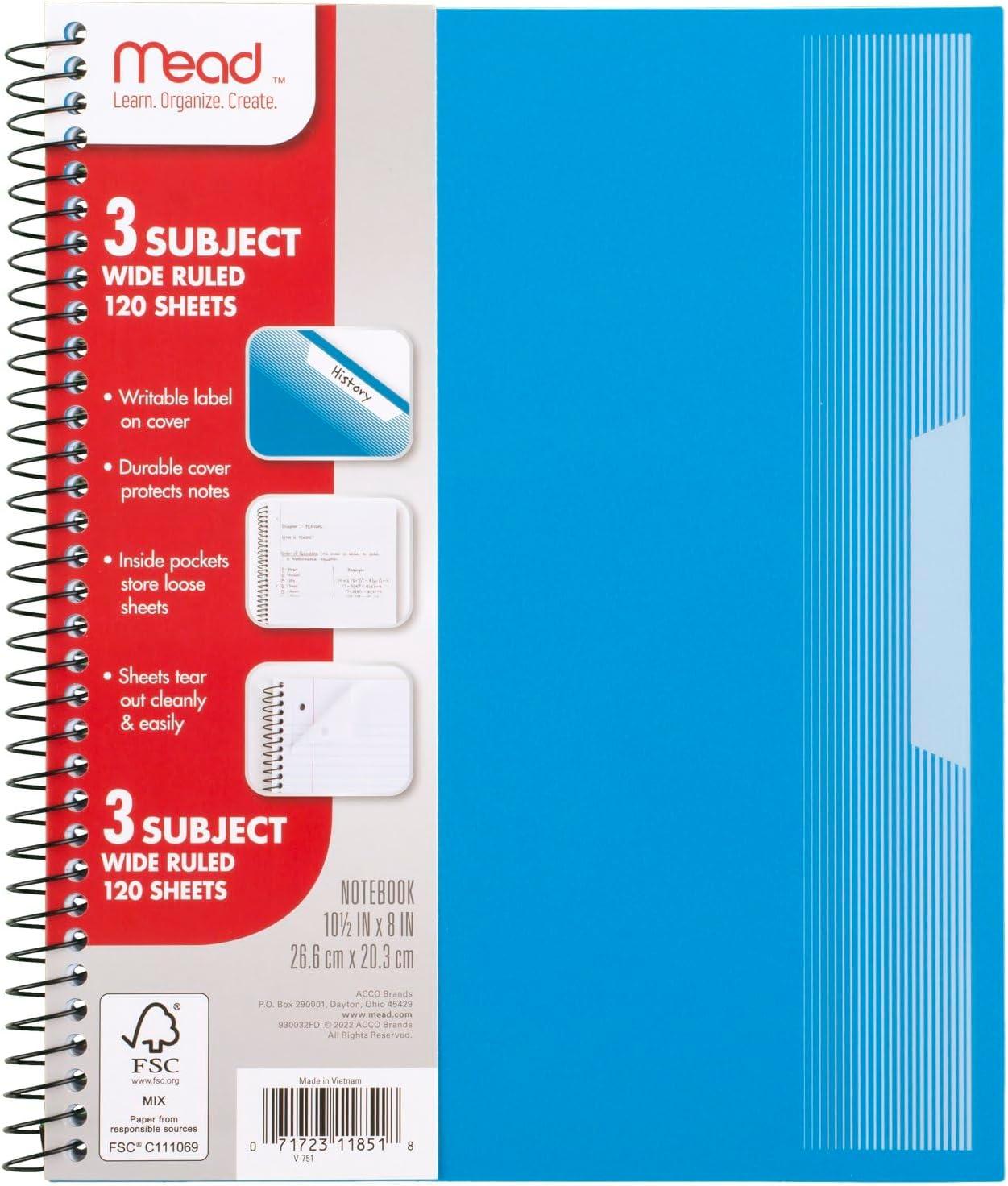 imageMead Spiral Notebook 5 Pack 5 Subject Wide Ruled Paper Plastic Cover 8quot x 1012quot 160 Sheets per Notebook Black Red Blue Green and Yellow 930101AECM3 Subject