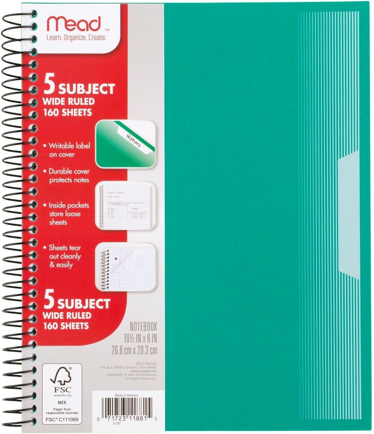 imageMead Spiral Notebook 5 Pack 5 Subject Wide Ruled Paper Plastic Cover 8quot x 1012quot 160 Sheets per Notebook Black Red Blue Green and Yellow 930101AECM5 Subject