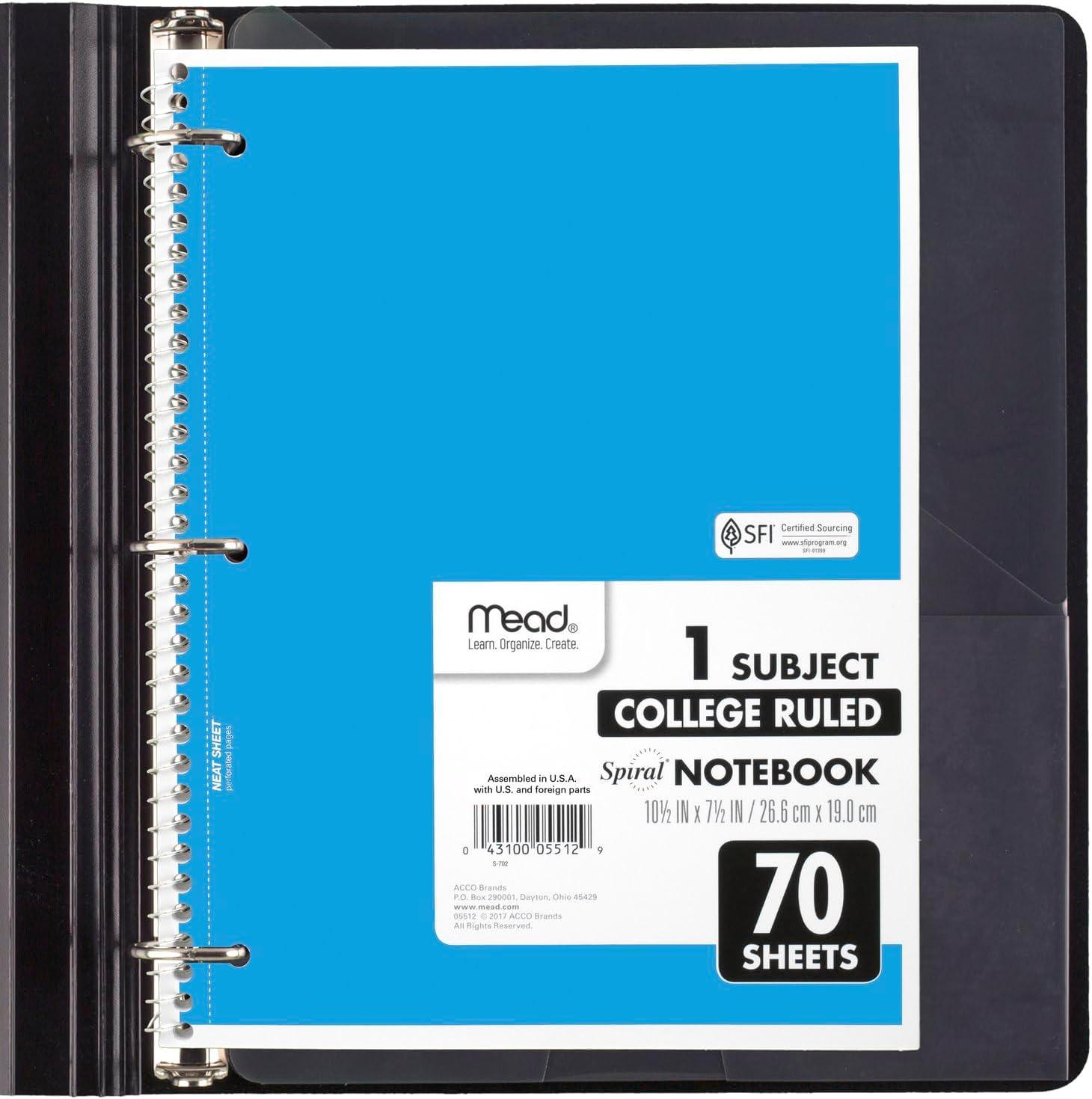 imageMead Spiral Notebook 6 Pack 1 Subject College Ruled Paper 712quot x 1012quot 70 Sheets per Notebook Assorted Pastel Colors 830049Bright Colors