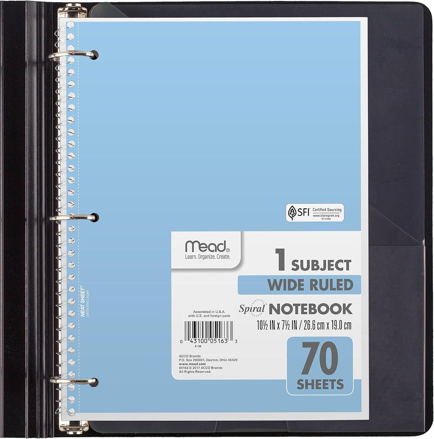 imageMead Spiral Notebook 6 Pack 1 Subject Wide Ruled Paper 712quot x 1012quot 70 Sheets per Notebook Assorted Pastel Colors 930050ECM6 Pack