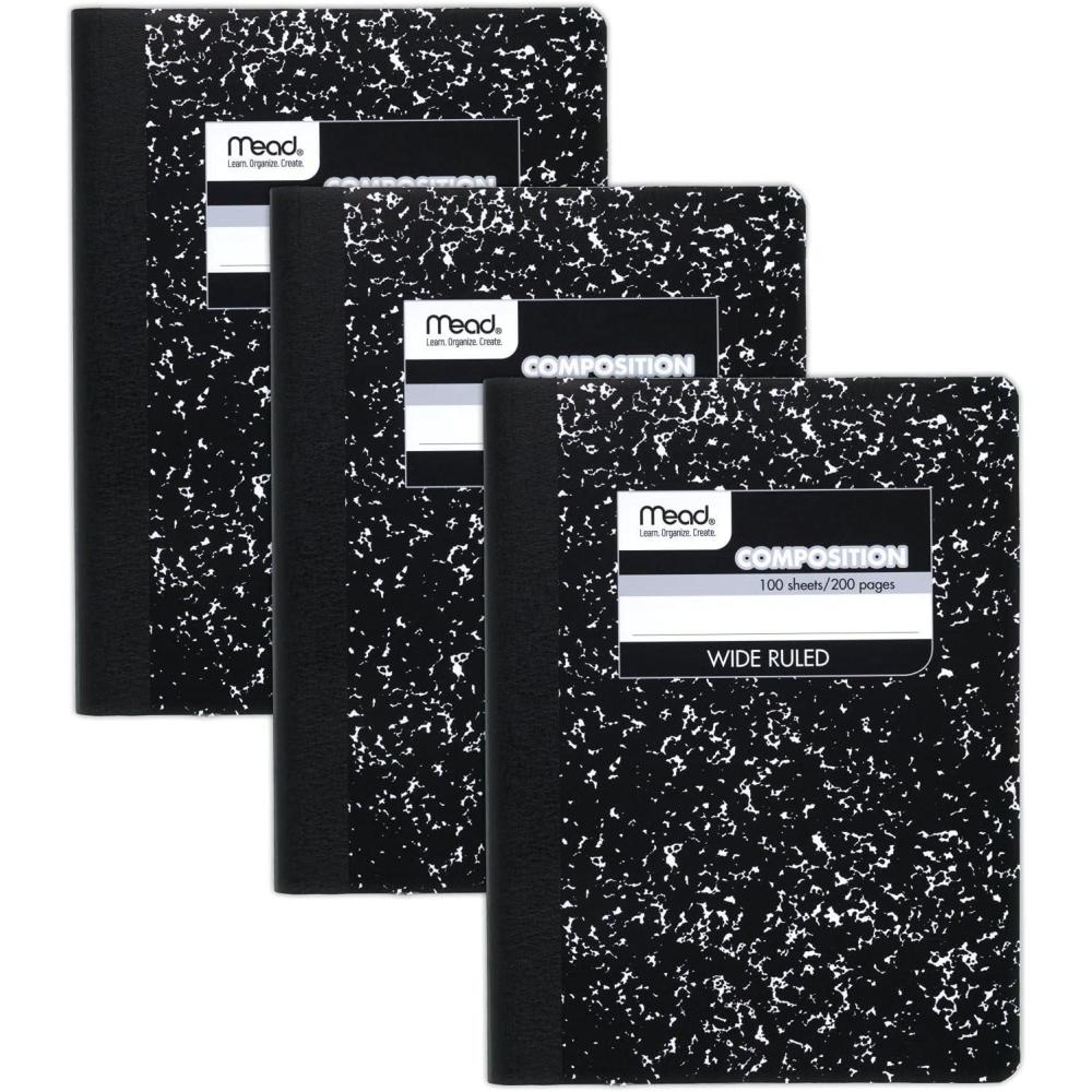 imageMead Composition Notebook 3 Pack Wide Ruled Paper 712quot x 934quot 100 Sheets per Comp Book Black Marble 38301Pack of 3