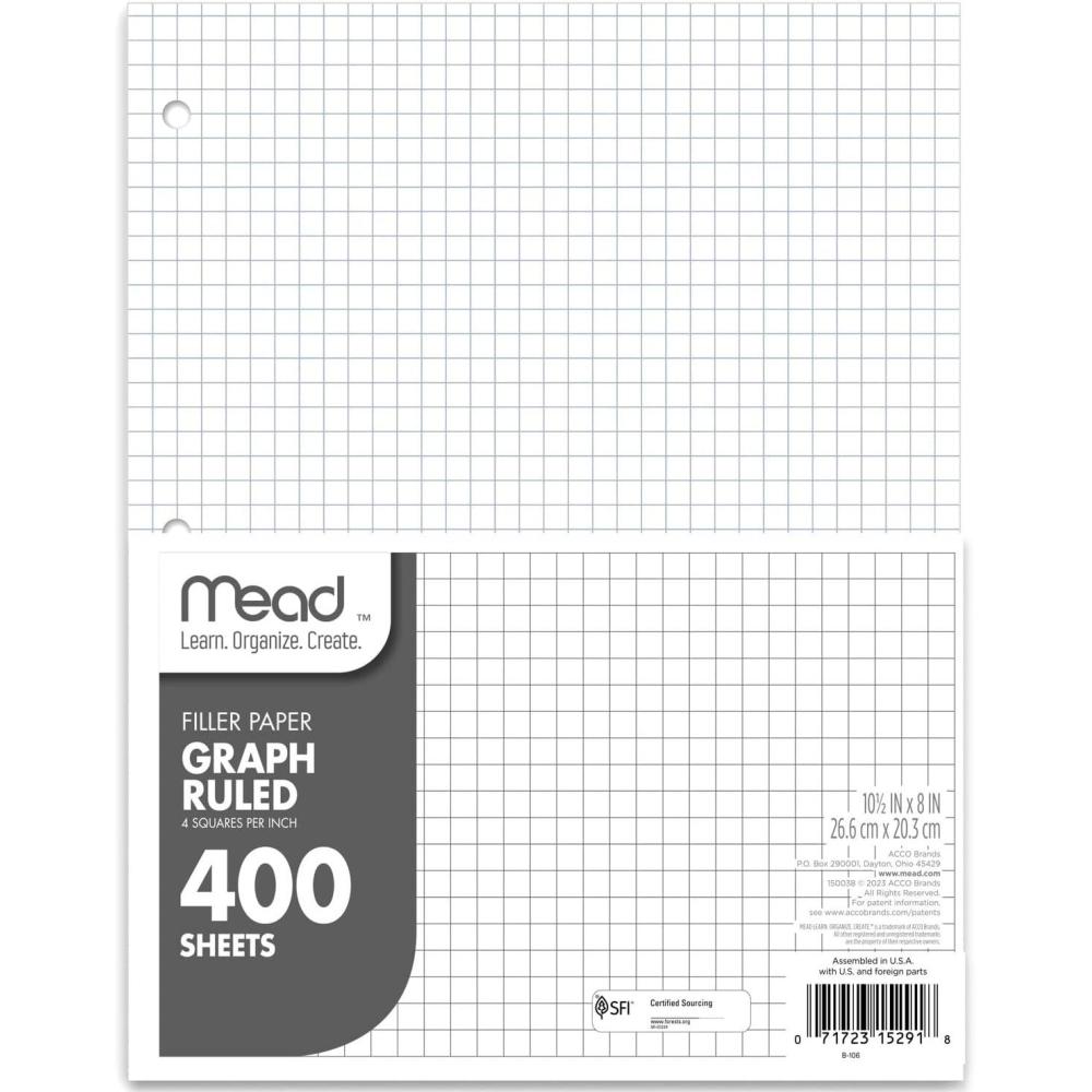 imageMead Loose Leaf Paper Graph Ruled Filler Notebook Paper 8quot x 1012quot 400 Sheets Fits 3Ring Binder 150038ECM