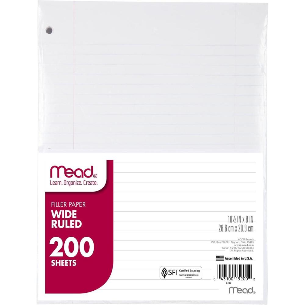 imageMead Loose Leaf Paper Wide Ruled Filler Notebook Paper 8quot x 1012quot 200 Sheets Fits 3Ring Binder 15200200 Sheets