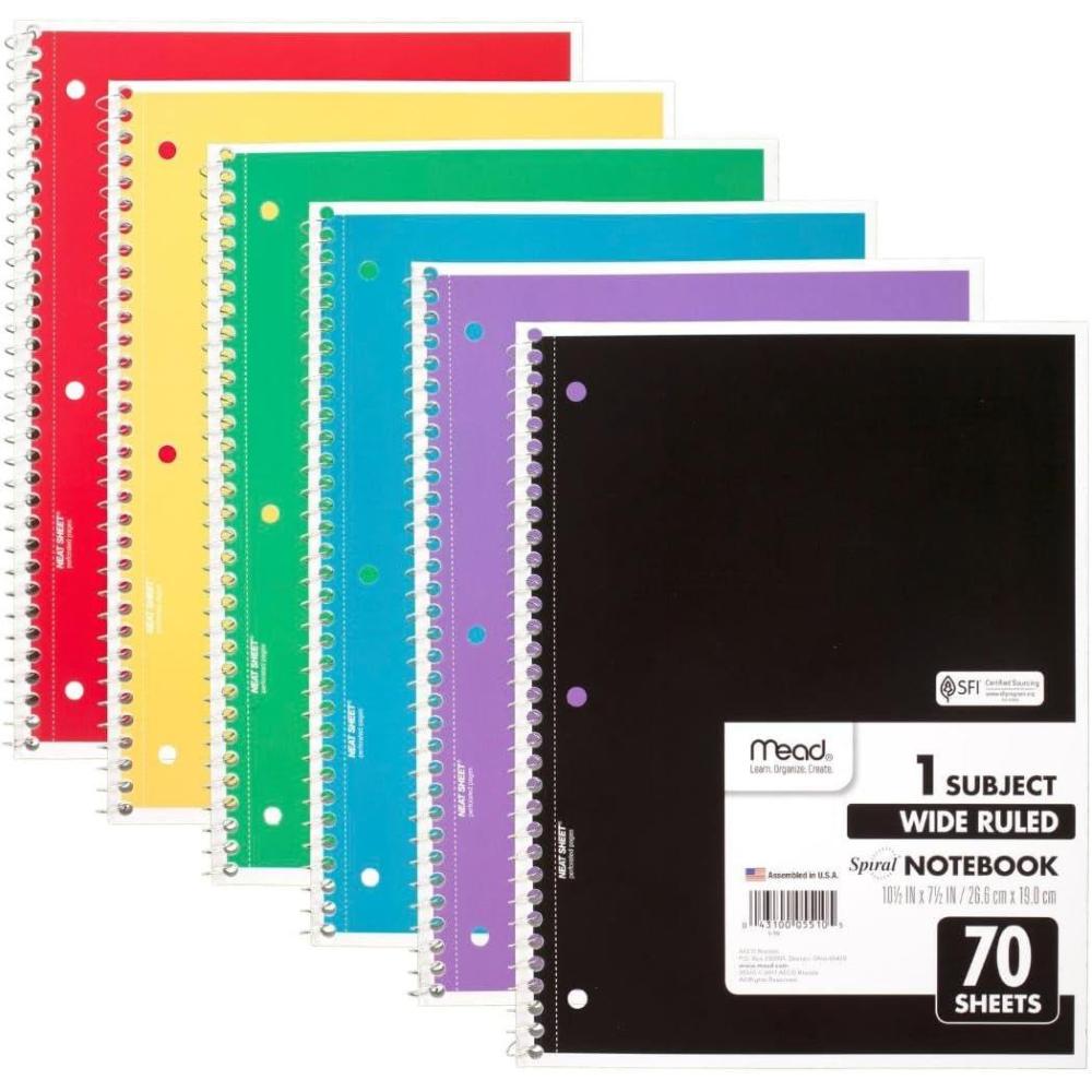 imageMead Spiral Notebook 24 Pack 1 Subject Wide Ruled Paper 712quot x 1012quot 70 Sheets per Notebook Colors Will Vary 930203ECM25Pack of 6