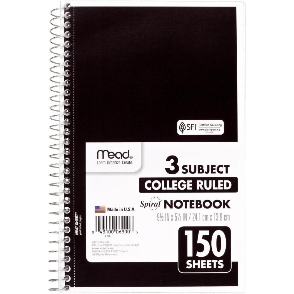 imageMead Spiral Notebook 3 Subject College Ruled Paper 8quot x 11quot 120 Sheets Color Will Vary 82039425Small
