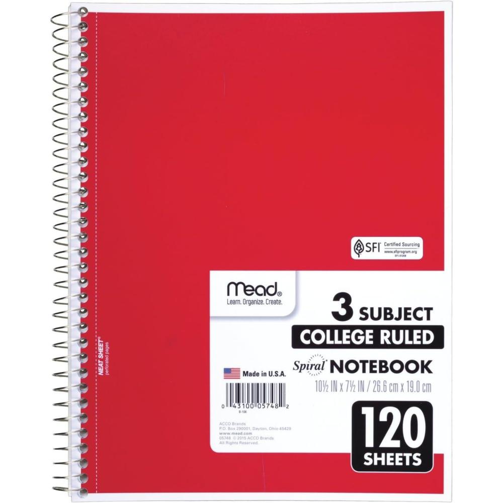imageMead Spiral Notebook 3 Subject Wide Ruled Paper 712quot x 1012quot 120 Sheets Color Will Vary 93020625Pack of 1