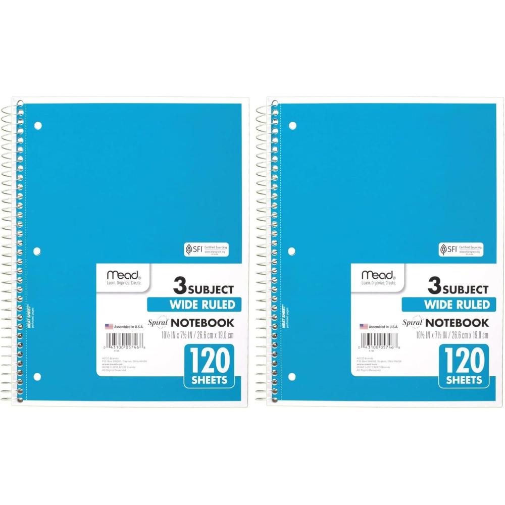 imageMead Spiral Notebook 3 Subject Wide Ruled Paper 712quot x 1012quot 120 Sheets Color Will Vary 93020625Pack of 2