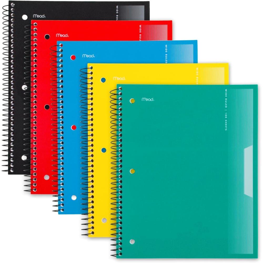 imageMead Spiral Notebook 5 Pack 5 Subject Wide Ruled Paper Plastic Cover 8quot x 1012quot 160 Sheets per Notebook Black Red Blue Green and Yellow 930101AECM1 Subject