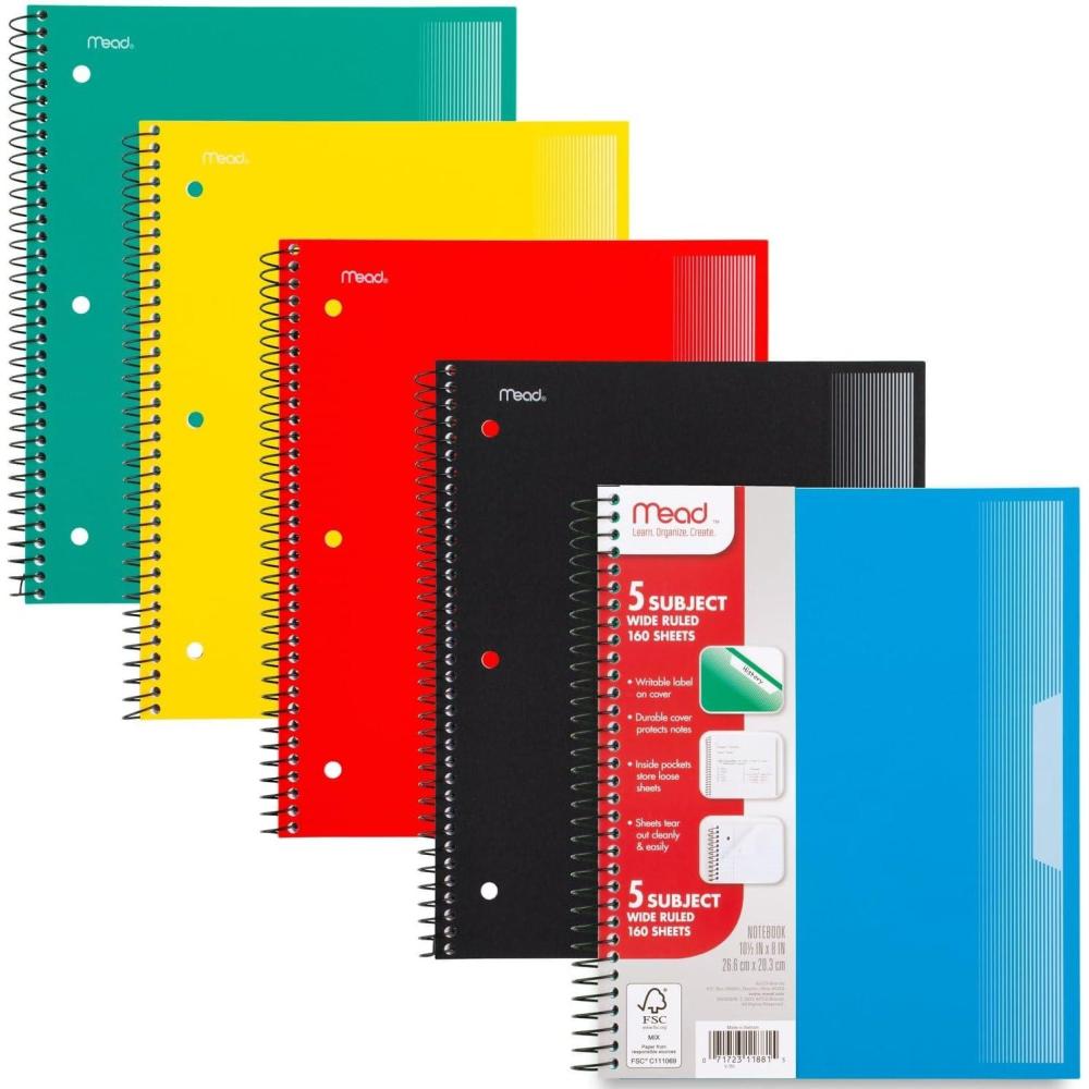 imageMead Spiral Notebook 5 Pack 5 Subject Wide Ruled Paper Plastic Cover 8quot x 1012quot 160 Sheets per Notebook Black Red Blue Green and Yellow 930101AECM5 Subject