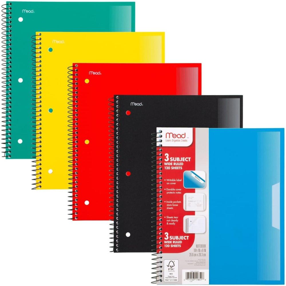 imageMead Spiral Notebook 5 Pack 5 Subject Wide Ruled Paper Plastic Cover 8quot x 1012quot 160 Sheets per Notebook Black Red Blue Green and Yellow 930101AECM3 Subject