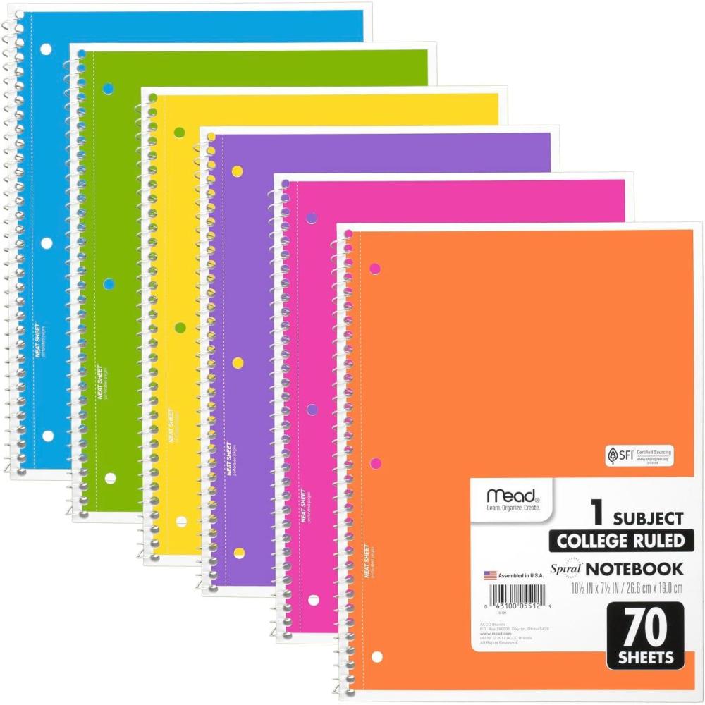 imageMead Spiral Notebook 6 Pack 1 Subject College Ruled Paper 712quot x 1012quot 70 Sheets per Notebook Assorted Pastel Colors 830049Bright Colors