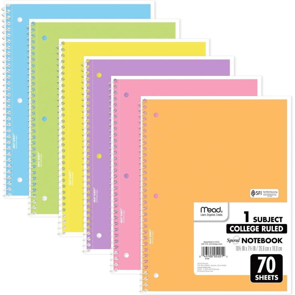 imageMead Spiral Notebook 6 Pack 1 Subject College Ruled Paper 712quot x 1012quot 70 Sheets per Notebook Assorted Pastel Colors 830049Pastel Colors
