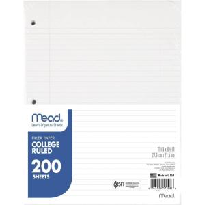 imageMead Loose Leaf Paper College Ruled Filler Notebook Paper 812quot x 11quot 200 Sheets Fits 3Ring Binder 17208Pack of 1