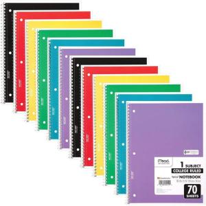 imageMead Spiral Notebook 12 Pack 1 Subject College Ruled Paper 712quot x 1012quot 70 Sheets per Notebook Colors Will Vary 830063ECM25Pack of 12