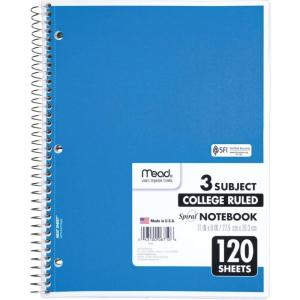 imageMead Spiral Notebook 3 Subject College Ruled Paper 8quot x 11quot 120 Sheets Color Will Vary 82039425Standard