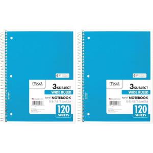 imageMead Spiral Notebook 3 Subject Wide Ruled Paper 712quot x 1012quot 120 Sheets Color Will Vary 93020625Pack of 2