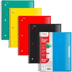 imageMead Spiral Notebook 5 Pack 5 Subject Wide Ruled Paper Plastic Cover 8quot x 1012quot 160 Sheets per Notebook Black Red Blue Green and Yellow 930101AECM5 Subject