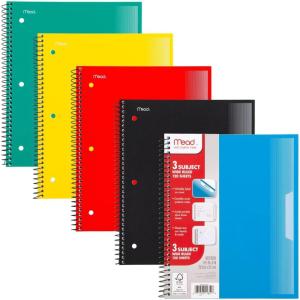 imageMead Spiral Notebook 5 Pack 5 Subject Wide Ruled Paper Plastic Cover 8quot x 1012quot 160 Sheets per Notebook Black Red Blue Green and Yellow 930101AECM3 Subject