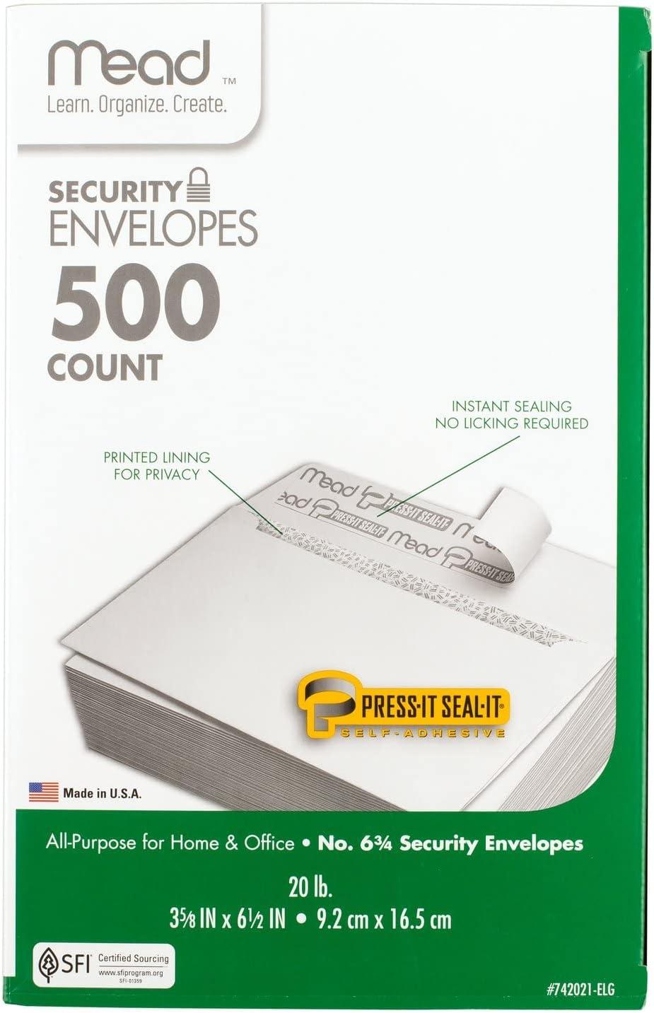 imageMead 634 Envelopes 358quot x 612quot Security Printed Lining for Privacy PressIt SealIt Self Adhesive Closure White AllPurpose 20lb Paper Mailing Envelopes 500 Count 742021Small Pack of 5