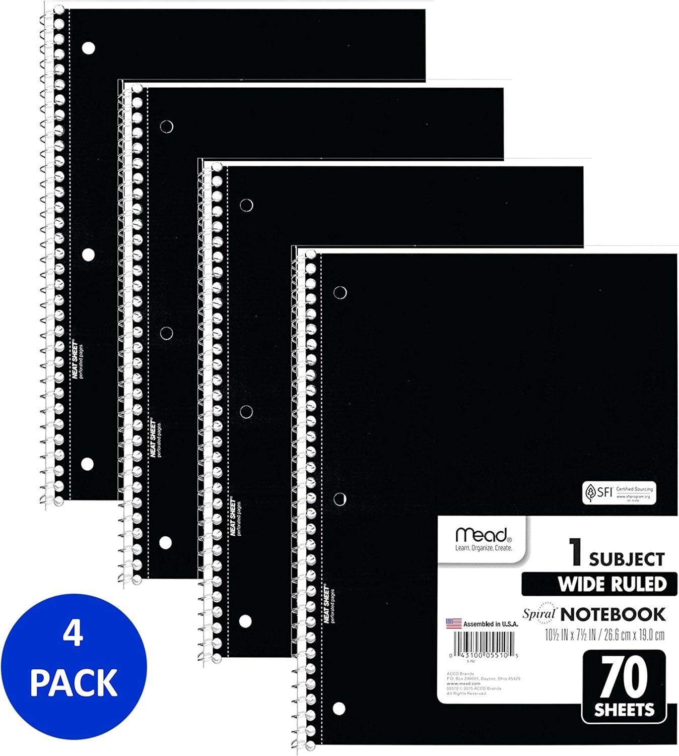 imageMead Spiral Notebook 4 Pack 1 Subject Wide Ruled Paper 712quot x 1012quot 70 Sheets per Notebook Colors Will Vary 930200ECM25Black