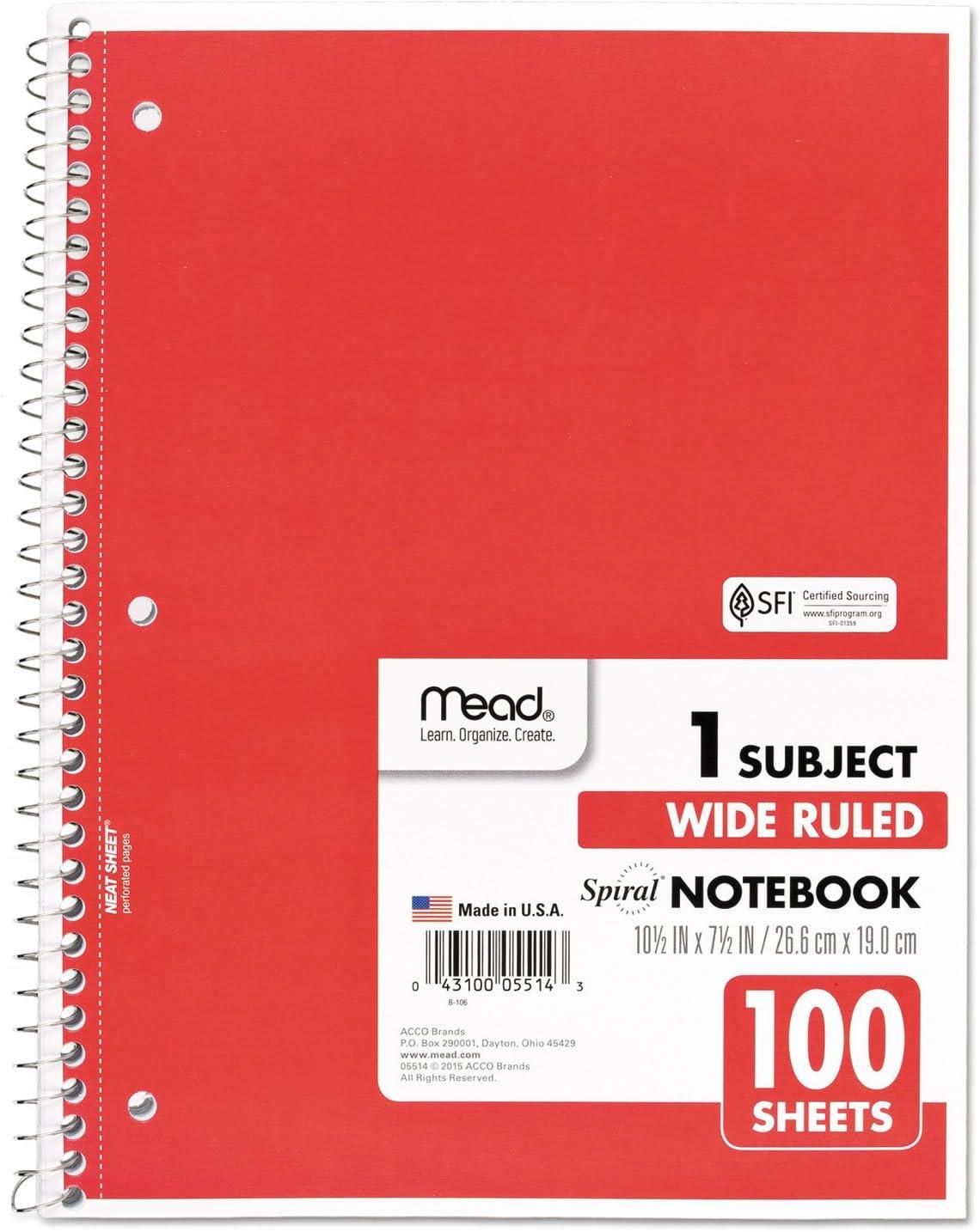 imageMead Spiral Notebook 4 Pack 1 Subject Wide Ruled Paper 712quot x 1012quot 70 Sheets per Notebook Colors Will Vary 930200ECM25Color Selected for You