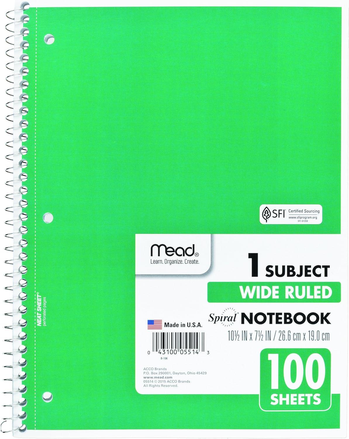 imageMead Spiral Notebook 4 Pack 1 Subject Wide Ruled Paper 712quot x 1012quot 70 Sheets per Notebook Colors Will Vary 930200ECM25Color Selected for You