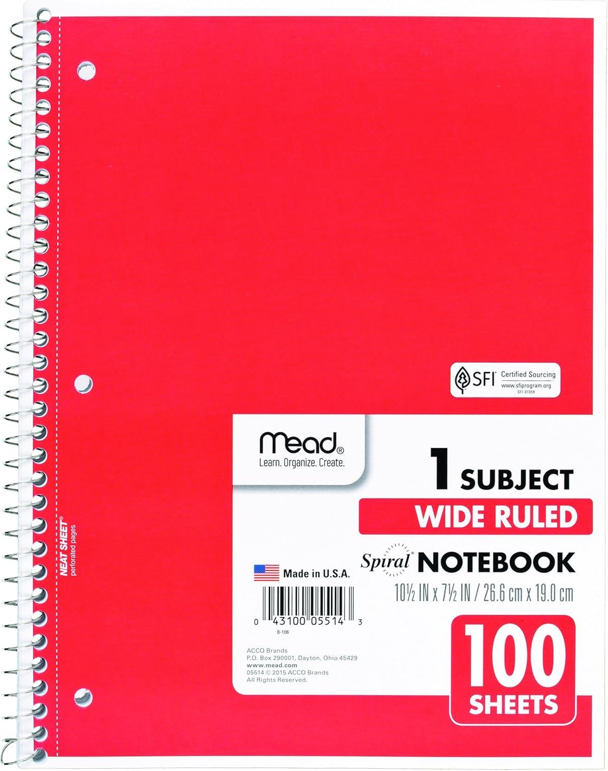 imageMead Spiral Notebook 4 Pack 1 Subject Wide Ruled Paper 712quot x 1012quot 70 Sheets per Notebook Colors Will Vary 930200ECM25Color Selected for You