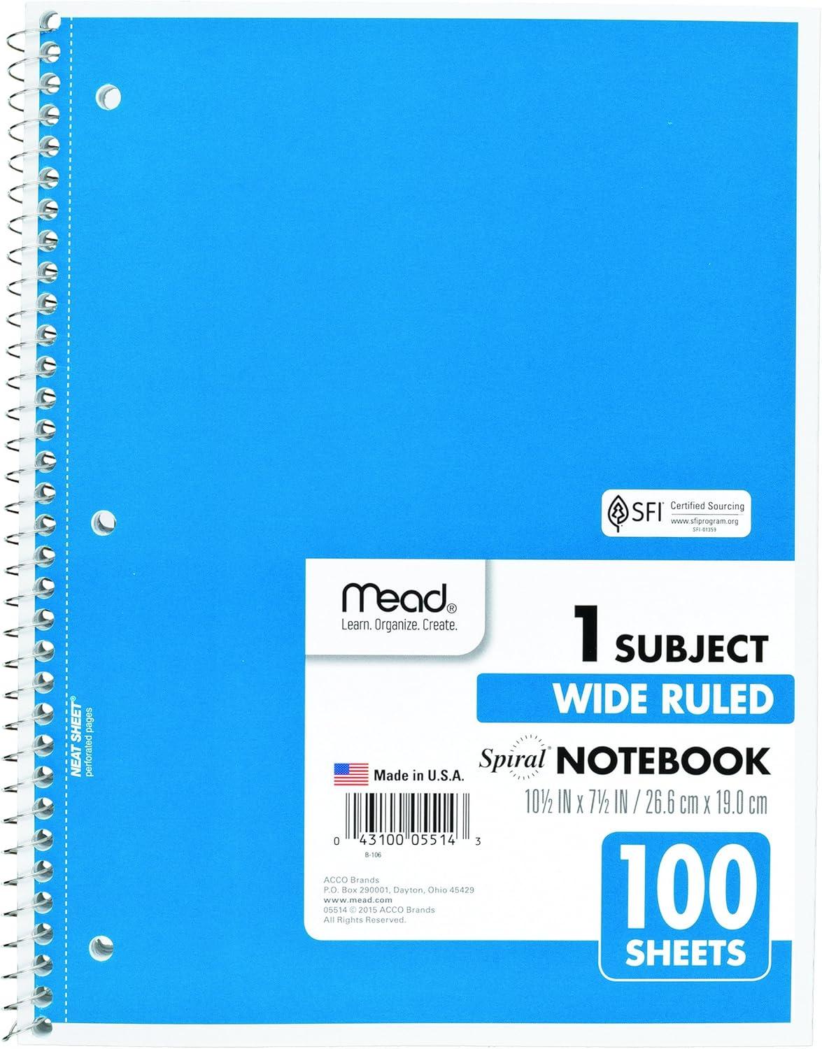 imageMead Spiral Notebook 4 Pack 1 Subject Wide Ruled Paper 712quot x 1012quot 70 Sheets per Notebook Colors Will Vary 930200ECM25Color Selected for You