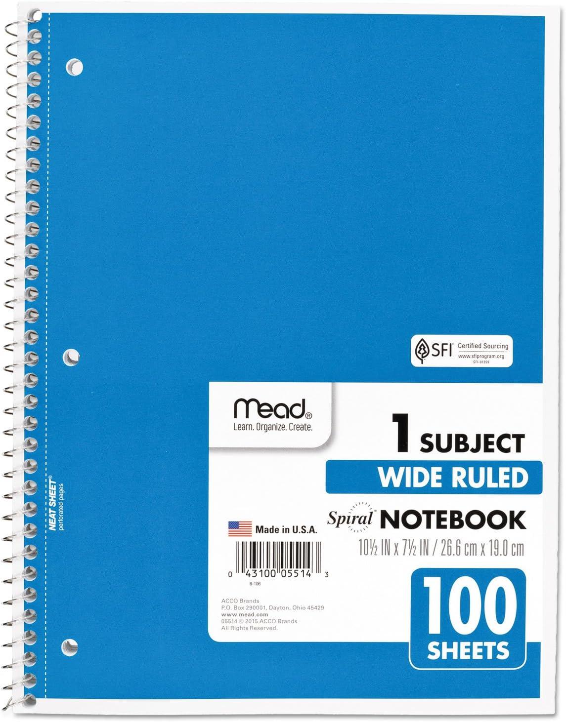 imageMead Spiral Notebook 4 Pack 1 Subject Wide Ruled Paper 712quot x 1012quot 70 Sheets per Notebook Colors Will Vary 930200ECM25Color Selected for You