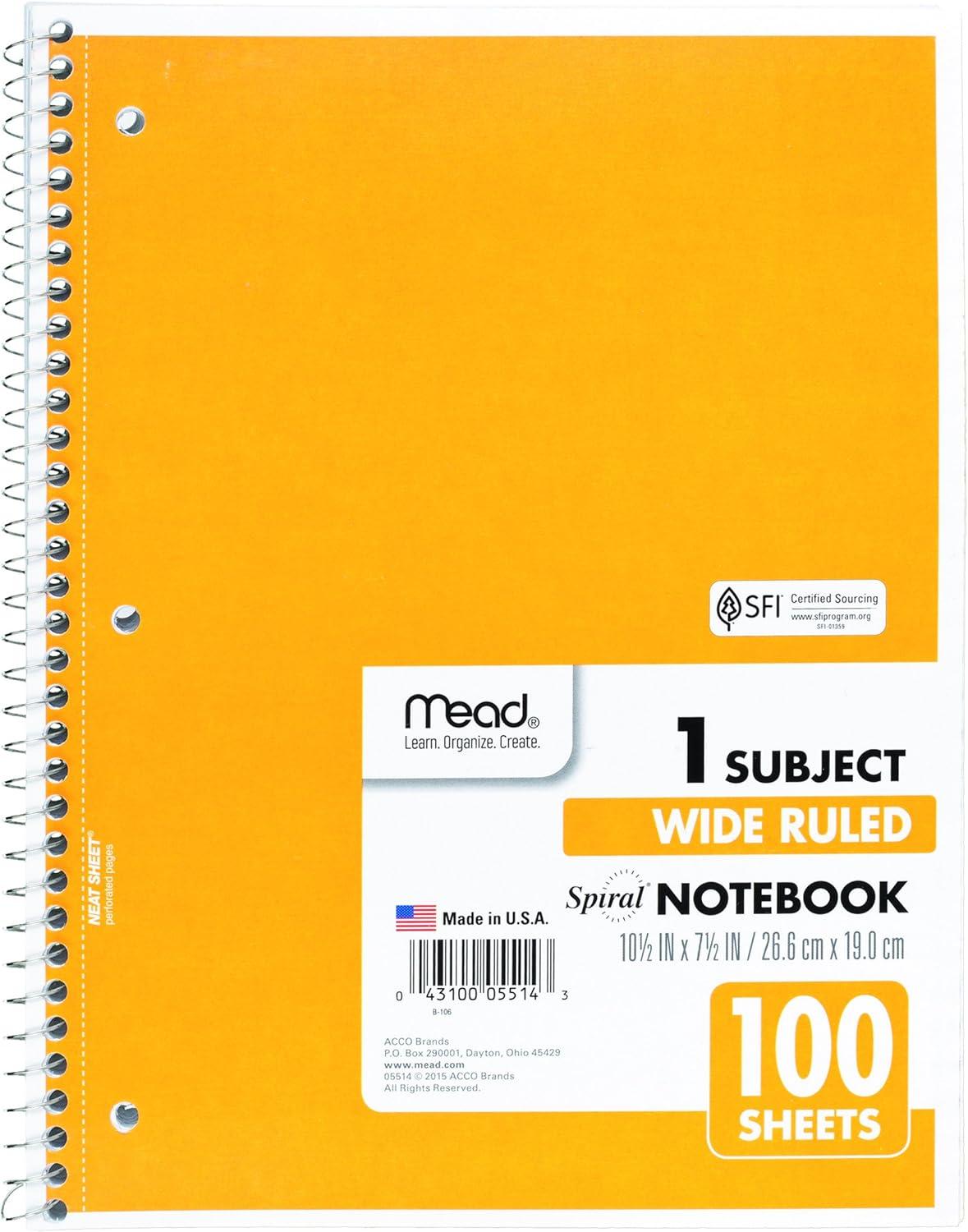 imageMead Spiral Notebook 4 Pack 1 Subject Wide Ruled Paper 712quot x 1012quot 70 Sheets per Notebook Colors Will Vary 930200ECM25Color Selected for You